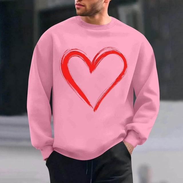 TaTaai Men's Valentine Heart Print Long Sleeve Round Neck Pullover, Valentine's Day Gift, Casual Sports Activewear Top Gift