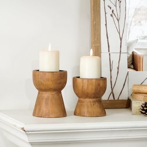 MORAVE Set of 2 Farmhouse Rustic Solid Wood Candle Holders, Pillar Candlesticks Pedestal for Fireplace Mantle Table Centerpiece Decor