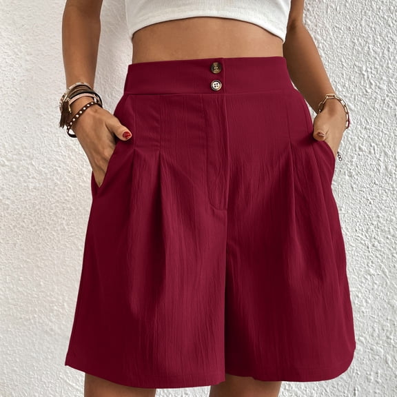 PiGOGI Women's Loose High Waist Wide Leg Shorts with Pocket Solid Color Casual Summer Lightweight Pants Wine XL