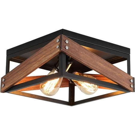 

Rustic Industrial Flush Mount Light Fixture Two-Light Metal and Wood Square Flush Mount Ceiling Light for Hallway Room Bedroom Kitchen Entryway Farmhouse Black
