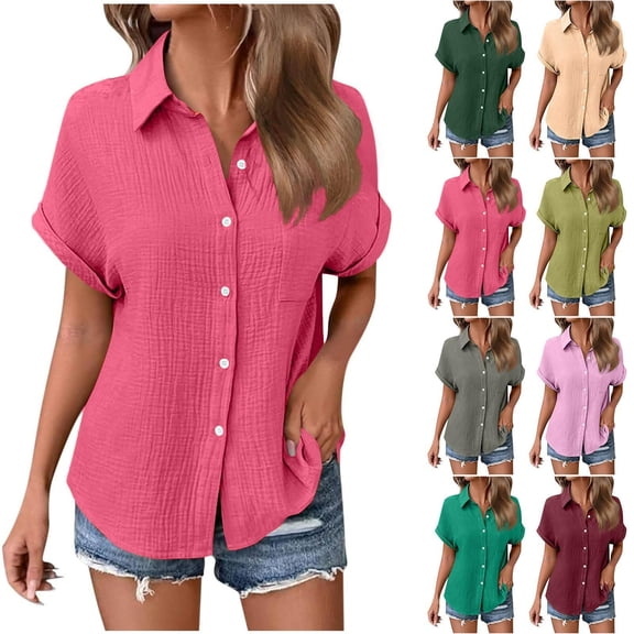 Vetsdori Summer Plain Woman Fashion Solid Color Button Pocket Short Sleeve Turndown Collar Blouse Tops