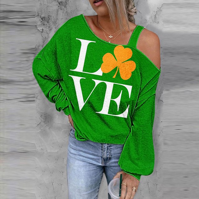 Hauts de Vacances pour Femmes Mode Chandail Imprimé de la Saint-Patrick pour Femmes Chemise à Épaules Dénudées Graphique à Manches Longues