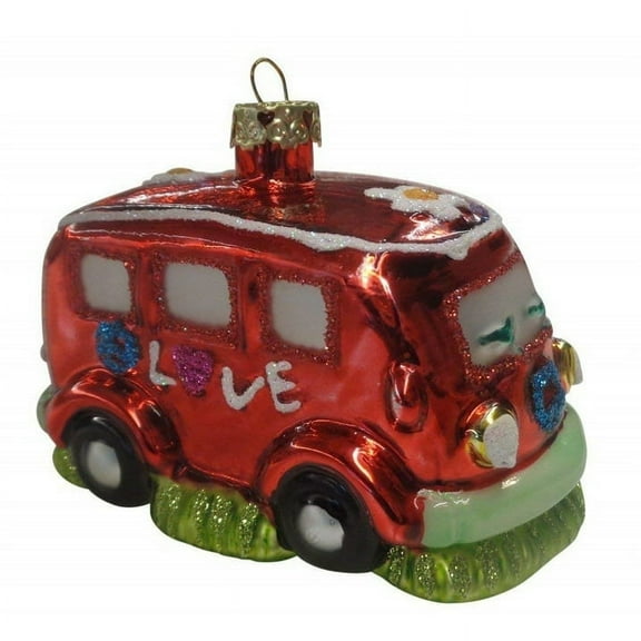 Blown Glass Beach Bus Woody with Surfboard Ornament