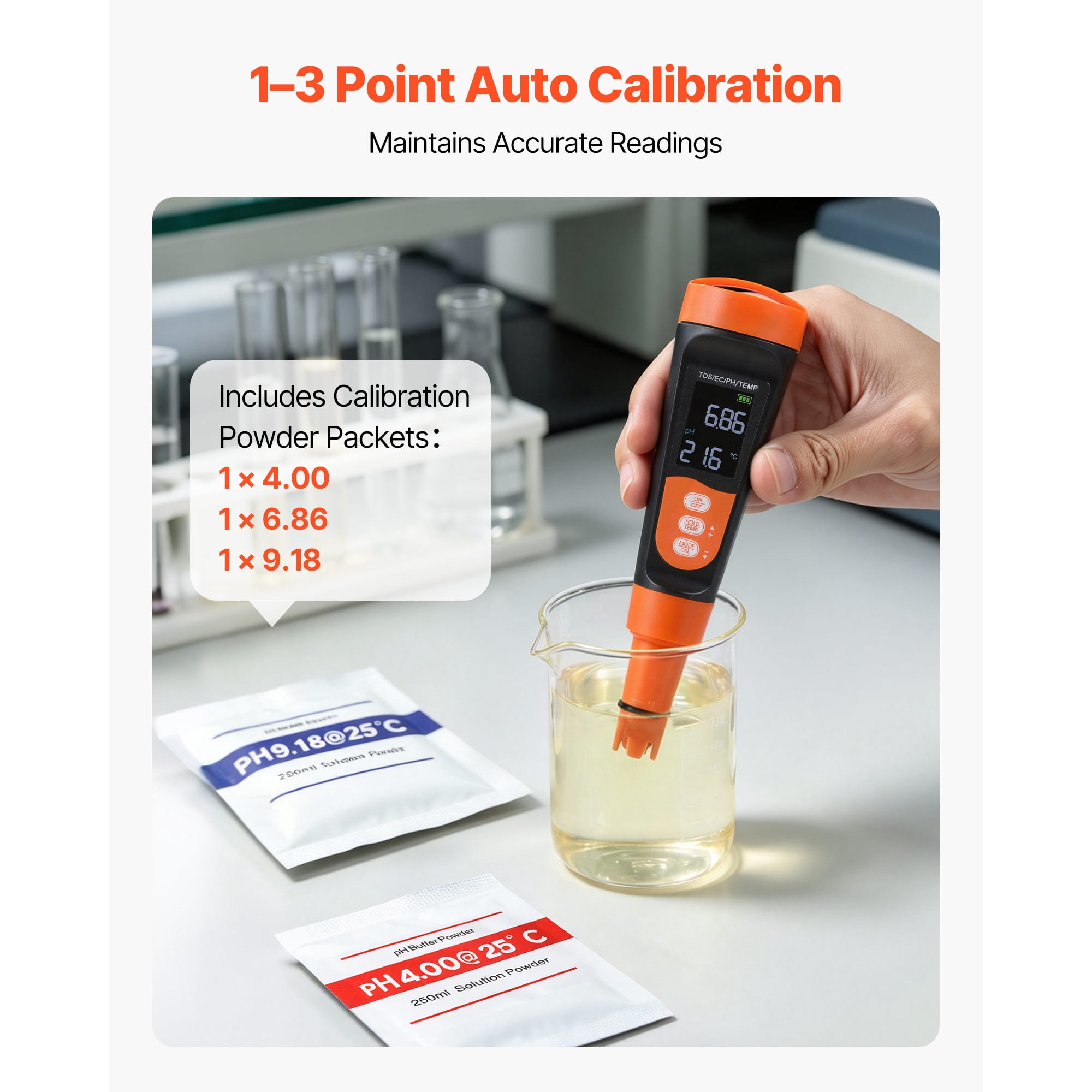 KFFKFF Portable pH Meter with Multi-Parameter Measurement, Accurate pH/EC/TDS Testing, Waterproof IP68 Probe, Compact Tester Kit with Calibration Powders, VA Display, Ideal for Water Quality Analysis