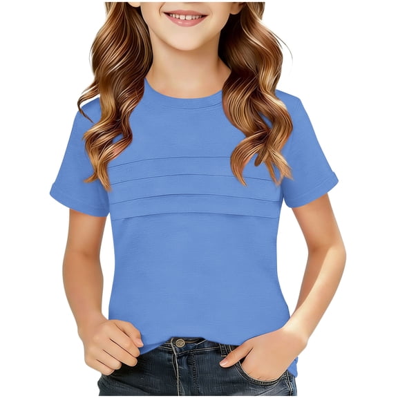 Teylalorva Girls Short Sleeve T-Shirt, Fashion Pleated Soft Casual Crewneck Summer Kids Tees Blue Size 10
