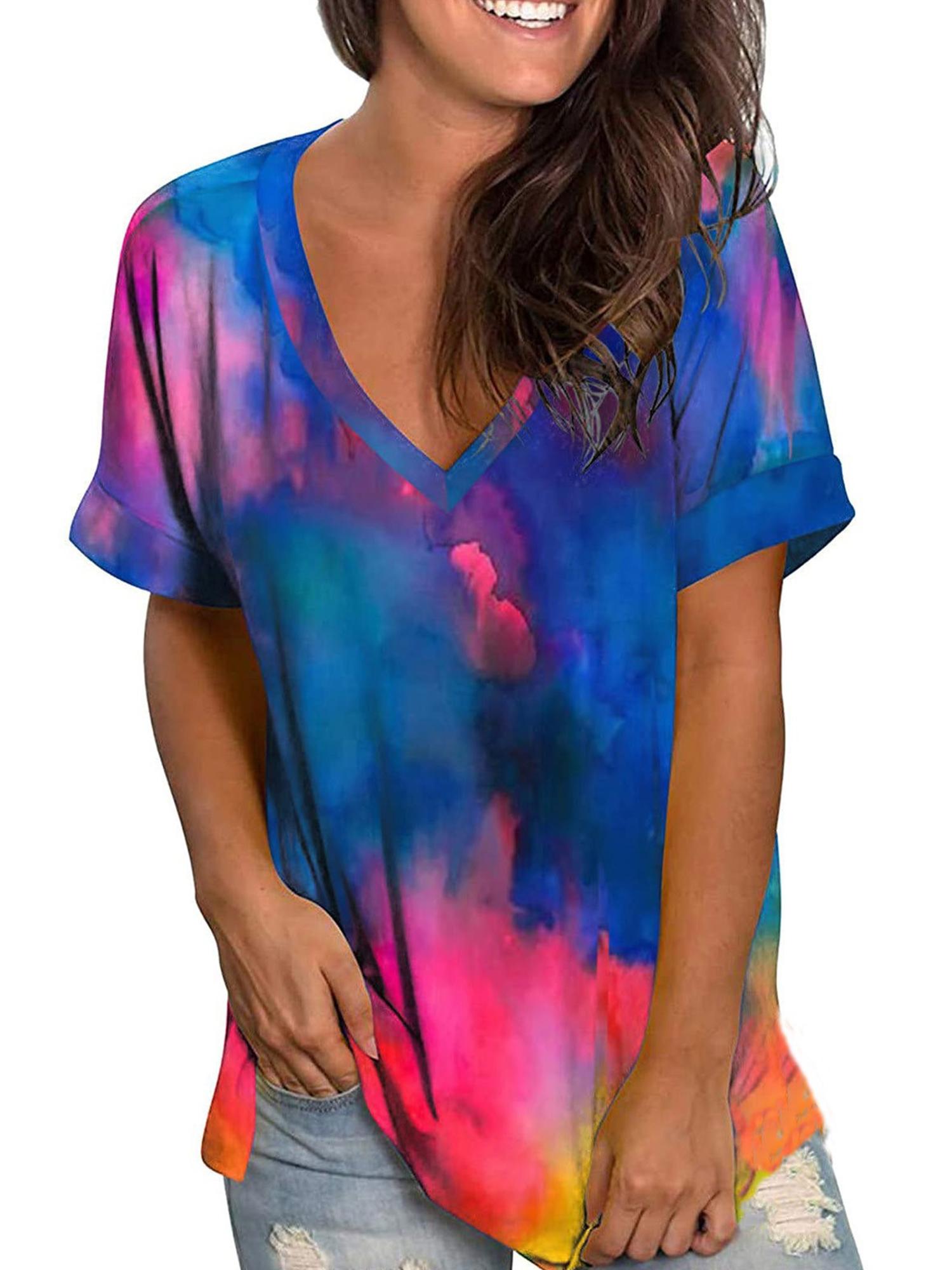 Short Sleeve Cute Shirts for Women V Neck Loose Pullover Comfy Soft Blouses Summer Casual Print Side Split Tops Blouses
