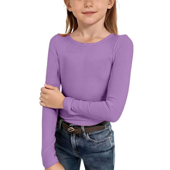 XEGLSBU Shirts for Girls 14-15 Girls Long Sleeve Ribbed Stretch Tee Slim Fit Casual Basic Top for Kids Comfortable Wear Purple Size 11-12 Years