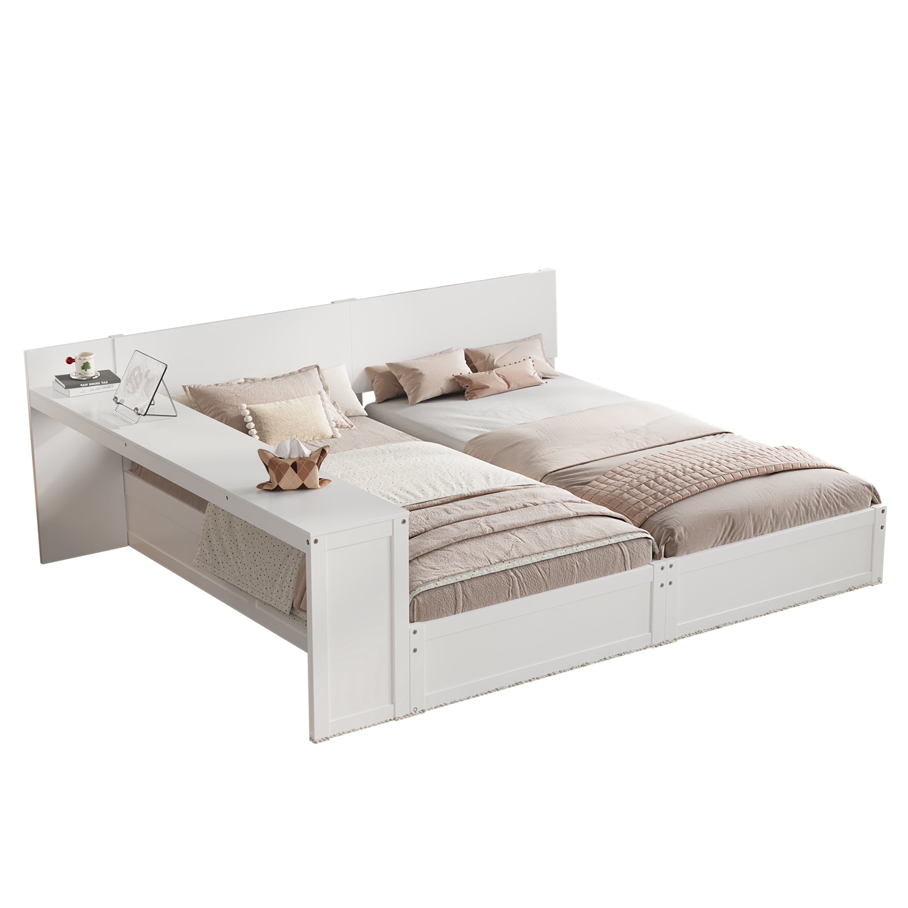Mintazer Twin Size Double Platform Bed Frame with Adjustable Middle Storage Desk, 2 Twin Beds with Movable Workstation for Kids Teen Shared Bedroom Guest Room, White