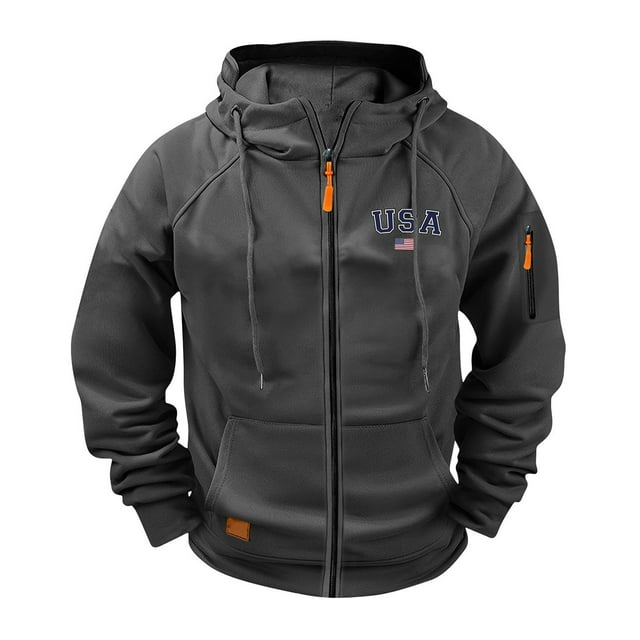 Ceisia Men's casual sports solid color hooded jacket pocket long Gift sleeve outerwear