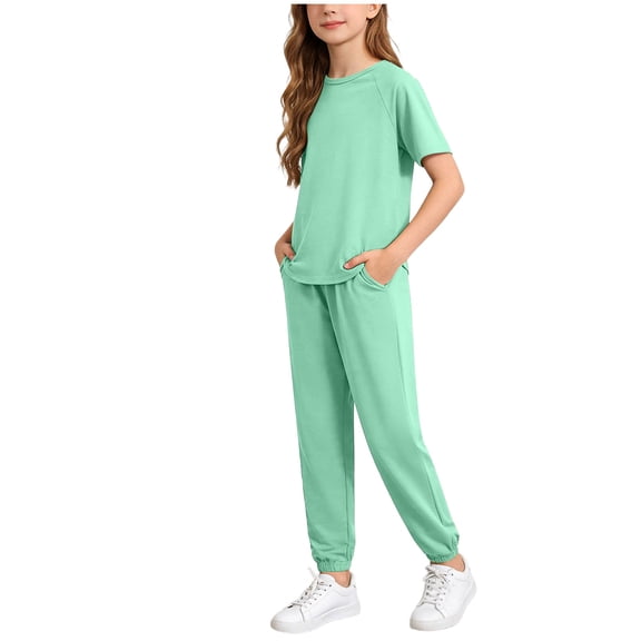 Girls Two Piece Outfits Size 7-8 Girls 2 Piece Outfits Cap Sleeve Tops Long Wide Leg Pants Set Sweatsuits 6-14 Years