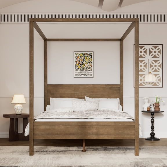 Christopher Knight Home Farmhouse Canopy Bed Frame with Headboard, Solid Wood Frame, Antique Natural