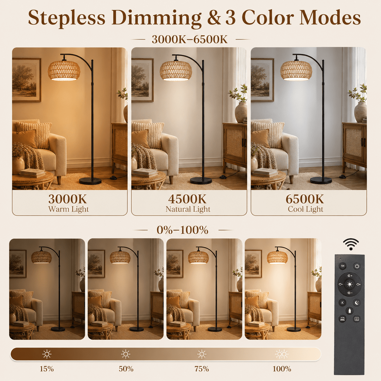 SERBASIC Boho Arc Floor Lamp for Living Room with Remote Control, Stepless Dimmable Rattan floor lamp with Liene Lampshade, Adjustable Standing Tall Lamp for Bedroom