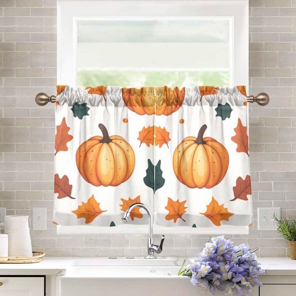 Yayeee Kitchen Curtains Light Filtering 27"x36" Rod Pocket Short Cafe Window Panel, Pumpkins Patten