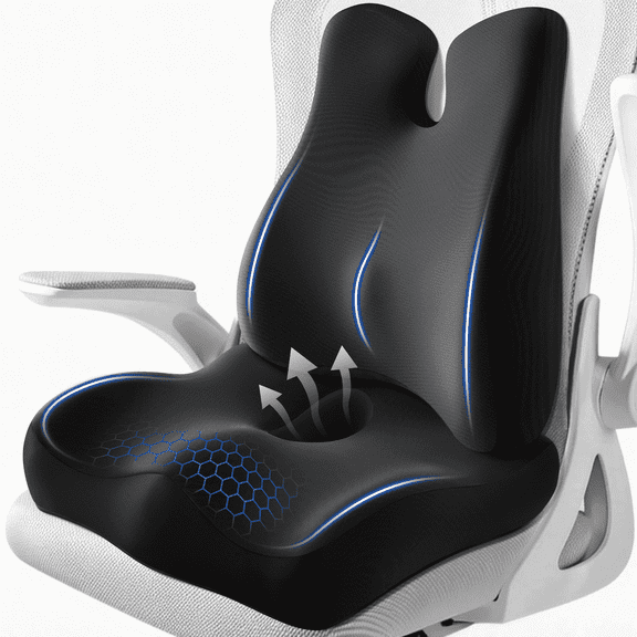 JIPORIER  Lumbar Support Pillow for Office Chair,Seat Cushion with Back Support,Office Chair Cushion for Tailbone Pain,Sciatica and Hemorrhoid Relief (Black)