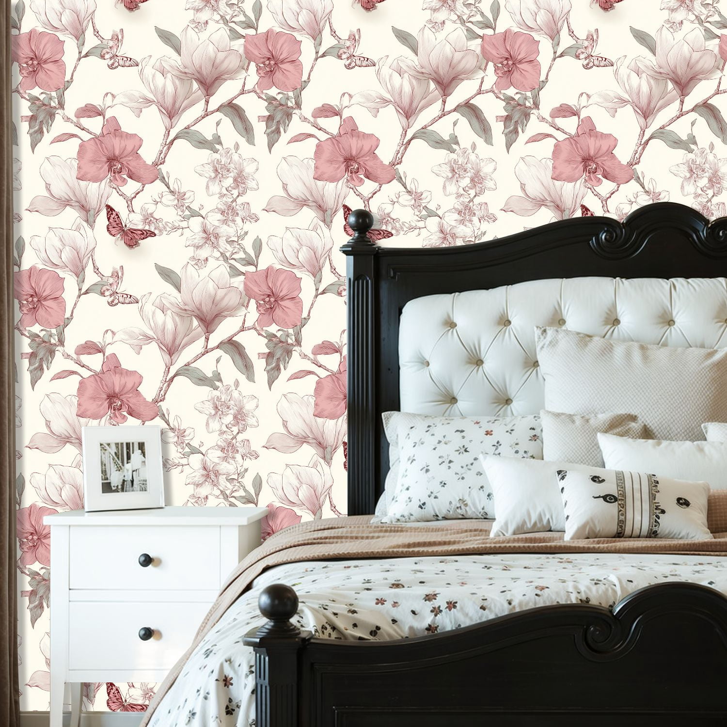 Peel and Stick Wallpaper Floral Magnolia Butterflies boho Pink Botanical Wall Mural 23.6in x 9.8ft Self Adhesive Removable Wall Paper Renter Friendly Wallpaper for Girls Women Bedroom Livingroom