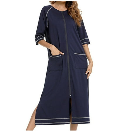 Umfun Womens Pajama Dress Solid Cotton Sleepwear Trim Short Sleeve Zipper Dress Matching Lounge Dress Sexy Lingerie with Pockets Navy 2XL