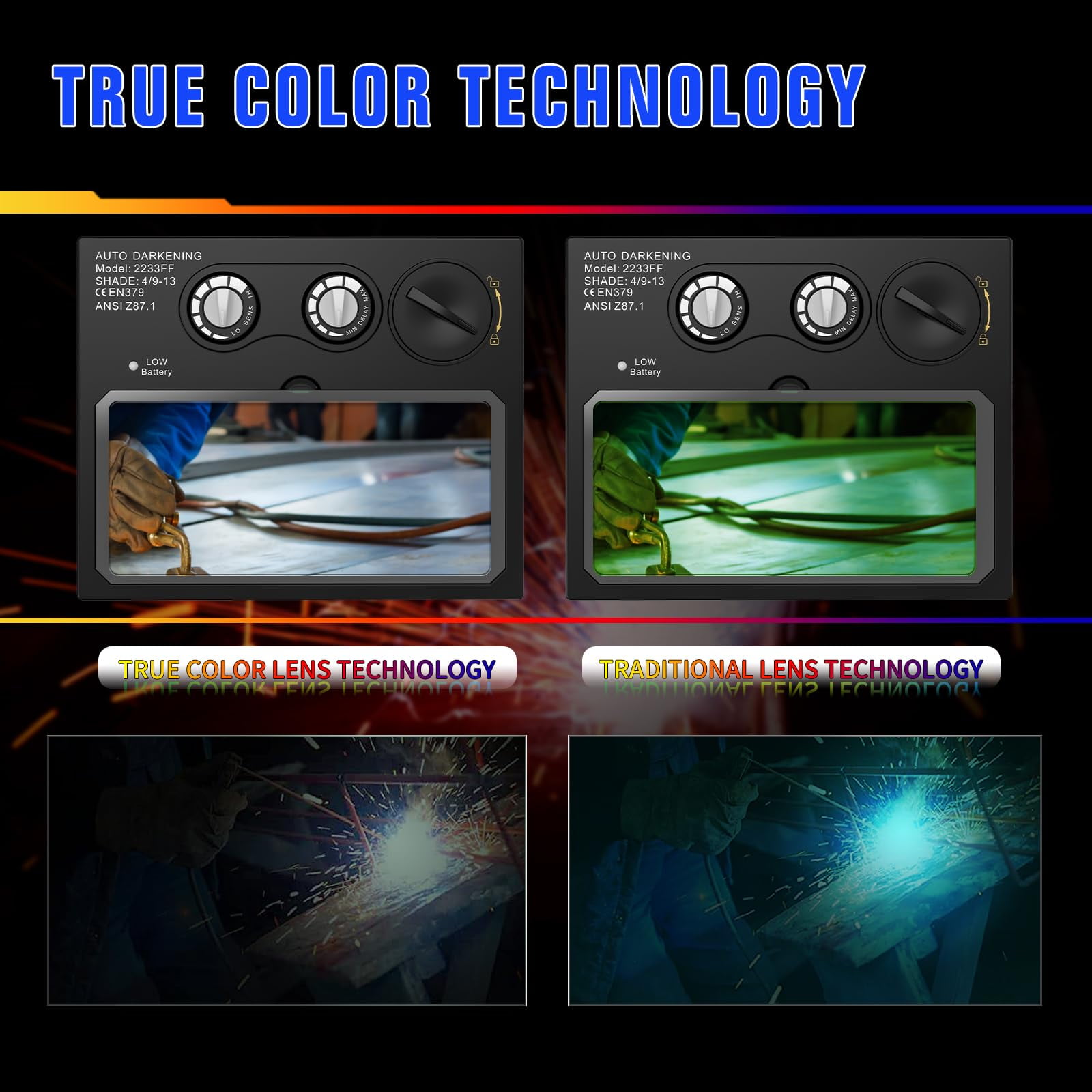 Welding Helmet Welding Hood Auto Darkening Solar Powered True Color Welding Mask 2 Arc Sensor Wide Shade 9-13 Flaming Skull Welder Helmet with Grinding Cut for MIG TIG ARC