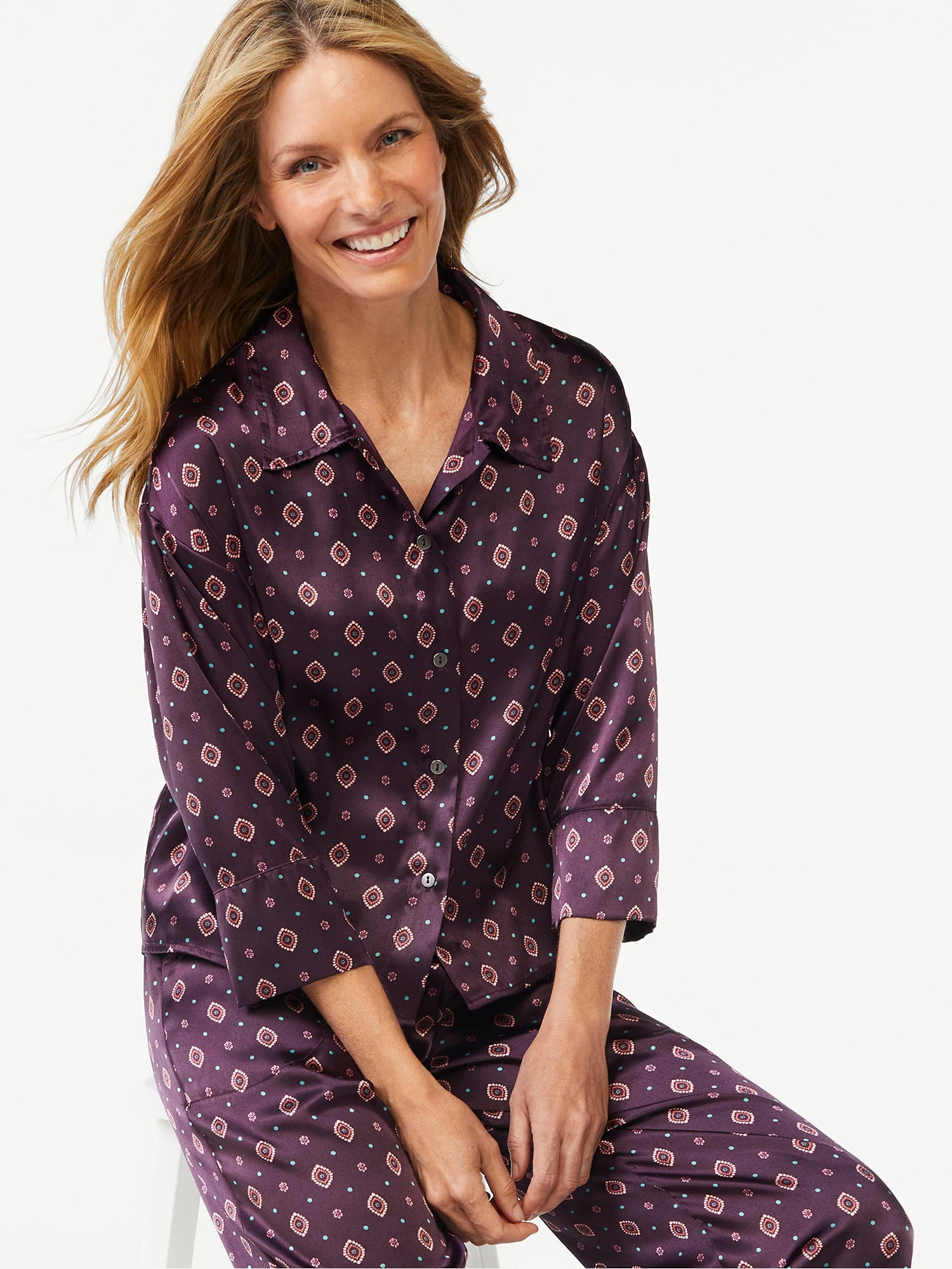 Joyspun Women's Satin Pajama Sleep Set, 2-Piece, Sizes up to 3X ...