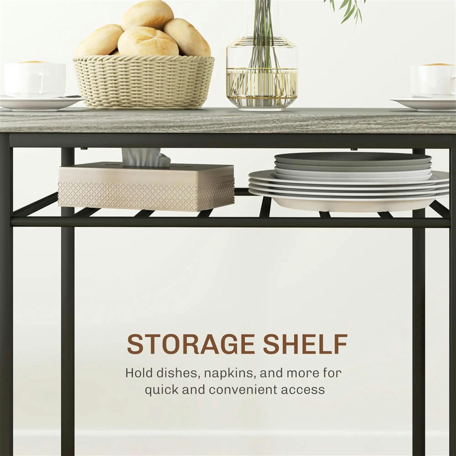 Demi Bonn 3 Piece Dining Table Set for Small Spaces with Storage Rack and Steel Frame, Kitchen Table and Chairs for 2 Dining Room Set with 2 Chairs, Gray