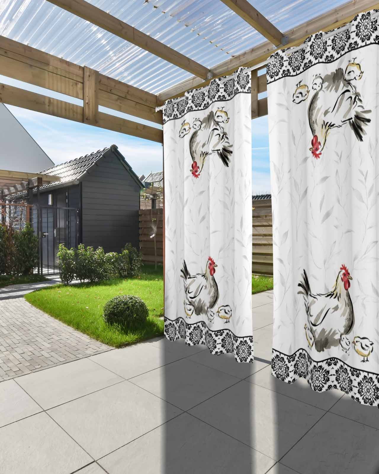 Chicken Outdoor Curtains for Patio, Farmhouse Country Animal Black Flower Leaf Privacy Drapes Grommet Waterproof Outside Curtains for Porch/Cabana/Balcony 54"x 95", 2 Panel