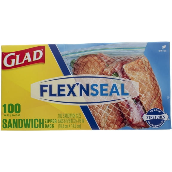 Glad FLEX���N SEAL Sandwich Zipper Bags, 16.8 cm X 14.9 cm, 12 oz, 100 Ct