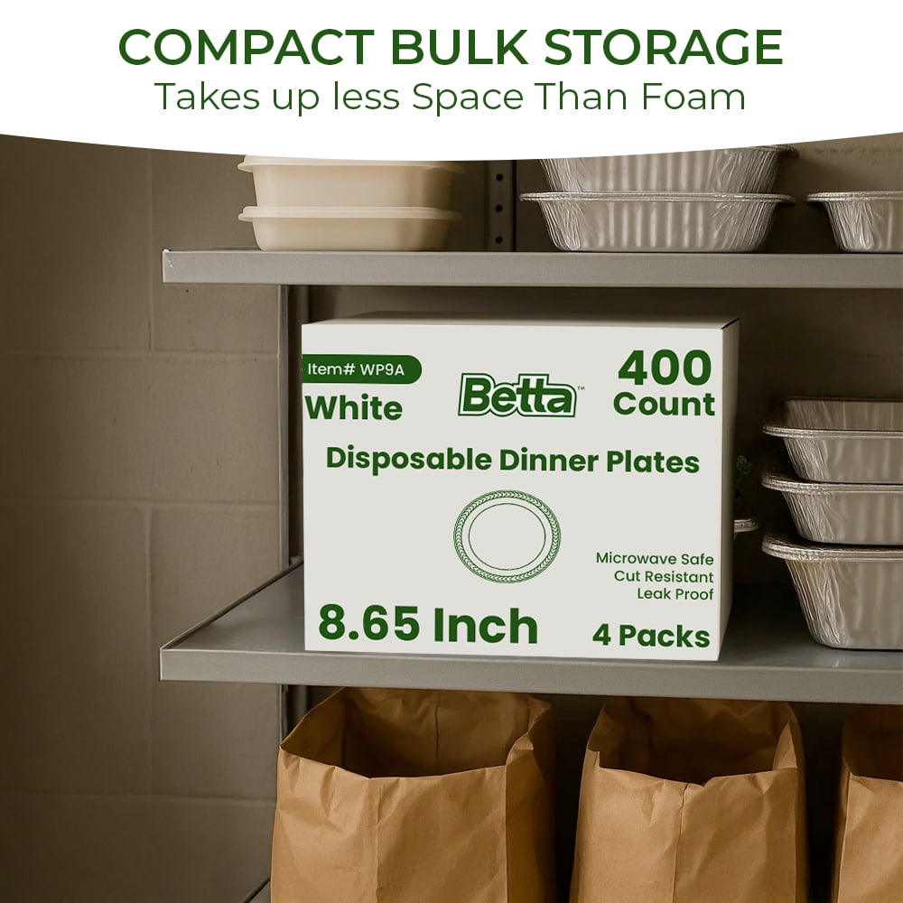 Betta Disposable Plastic Dinner Plates, White, 400 Count, Bulk Case, Microwave Safe (4 Pack Per Box x100)