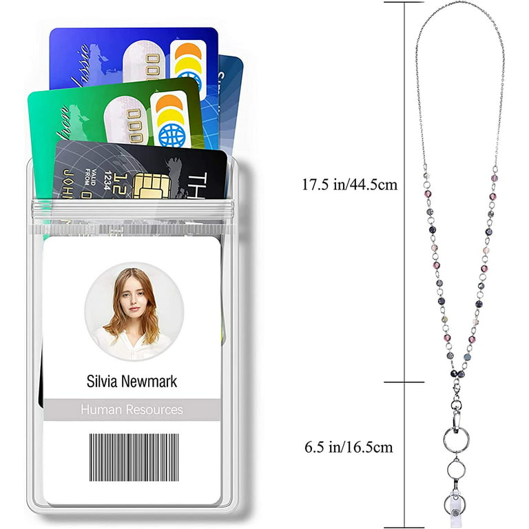 Retractable Badge Reel Lanyard with ID Holder for Women, Fashion Beaded  Lanyard Stainless Steel Chain Necklace with Clear Waterproof Badge Card  Holder (B) 