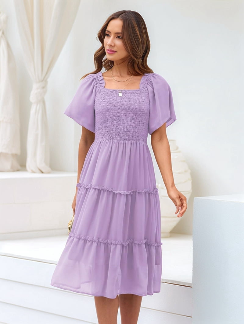 Women'S Summer Casual Flutter Sleeve Square Neck Smocked Midi Dress Light Purple XL