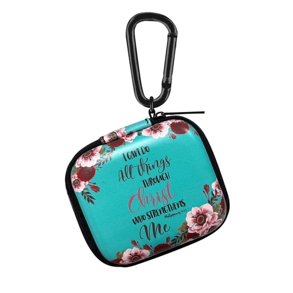 WIRESTER Portable EVA Small Earbuds Carrying Case Storage Bag Organizer with Carabiners for Earphones, Earbuds, Earpieces, SD Memory Card, Camera Chips - Christian Bible Verses Philippians 4:13