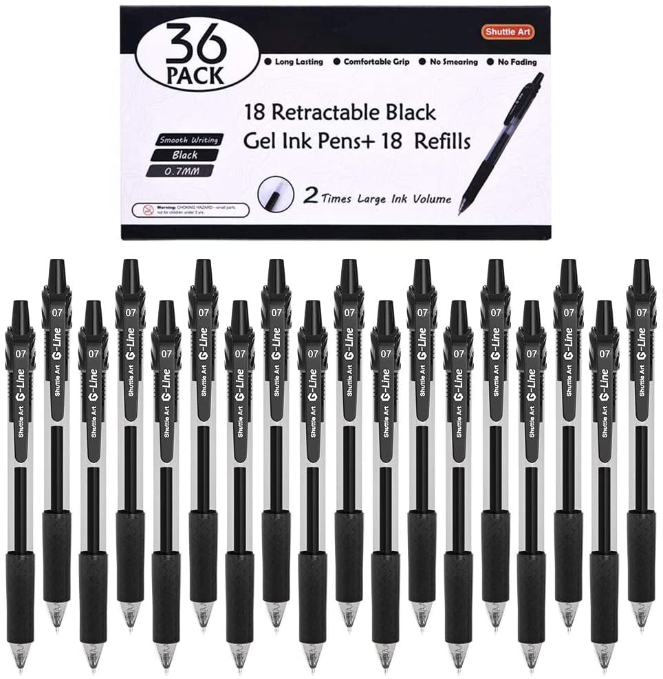 Black Gel Pens, 36 Pack(18 Gel Pens with 18 Refills) Shuttle Art Retractable Medium Point Rollerball Gel Ink Pens Smooth Writing with Comfortable Grip
