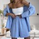 thumbnail image 4 of Traje Verano 2 Piezas Conjunto de pantalón corto de 2 piezas para mujer, cintura elástica, cuello vuelto, cuello en V, atuendo diario Kuymtek Azul Claro S para Mujer, 4 of 6