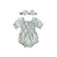 thumbnail image 2 of Aojekbee Baby Girl 2Pcs Summer Outfits Short Sleeve Daisy Print Smocked Romper with Headband Set Newborn Clothes, 2 of 10
