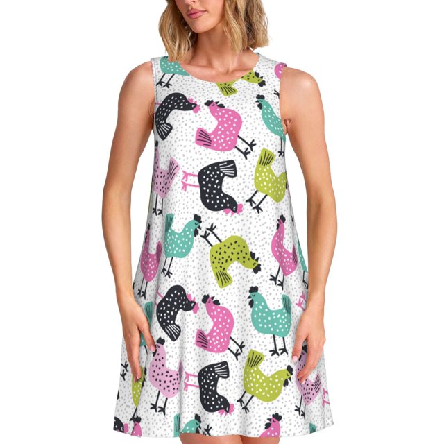 Balery Funny Chicken Vestidos de verano para mujer con estampado: vestido holgado sin mangas, vestido playero informal y cómodo para días calurosos.