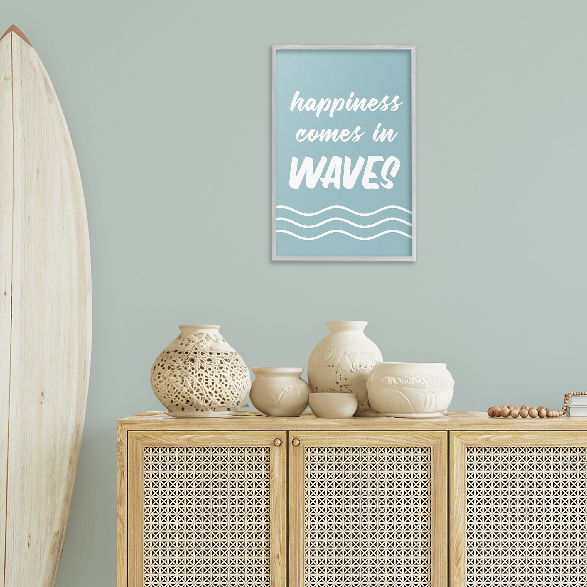 Stupell Industries Happiness In Waves Typography Painting Gray Framed Art Print Wall Art, 16 x 24