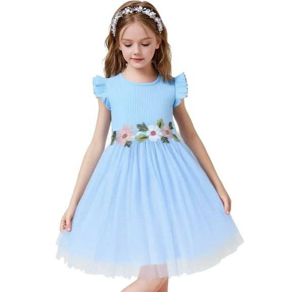 "HILEELANG Toddler Girls Summer Tulle Dress – Sleeveless Floral Princess Party Dress for Ages 2-12, Lightweight & Soft for Birthday, Wedding, Vacation"