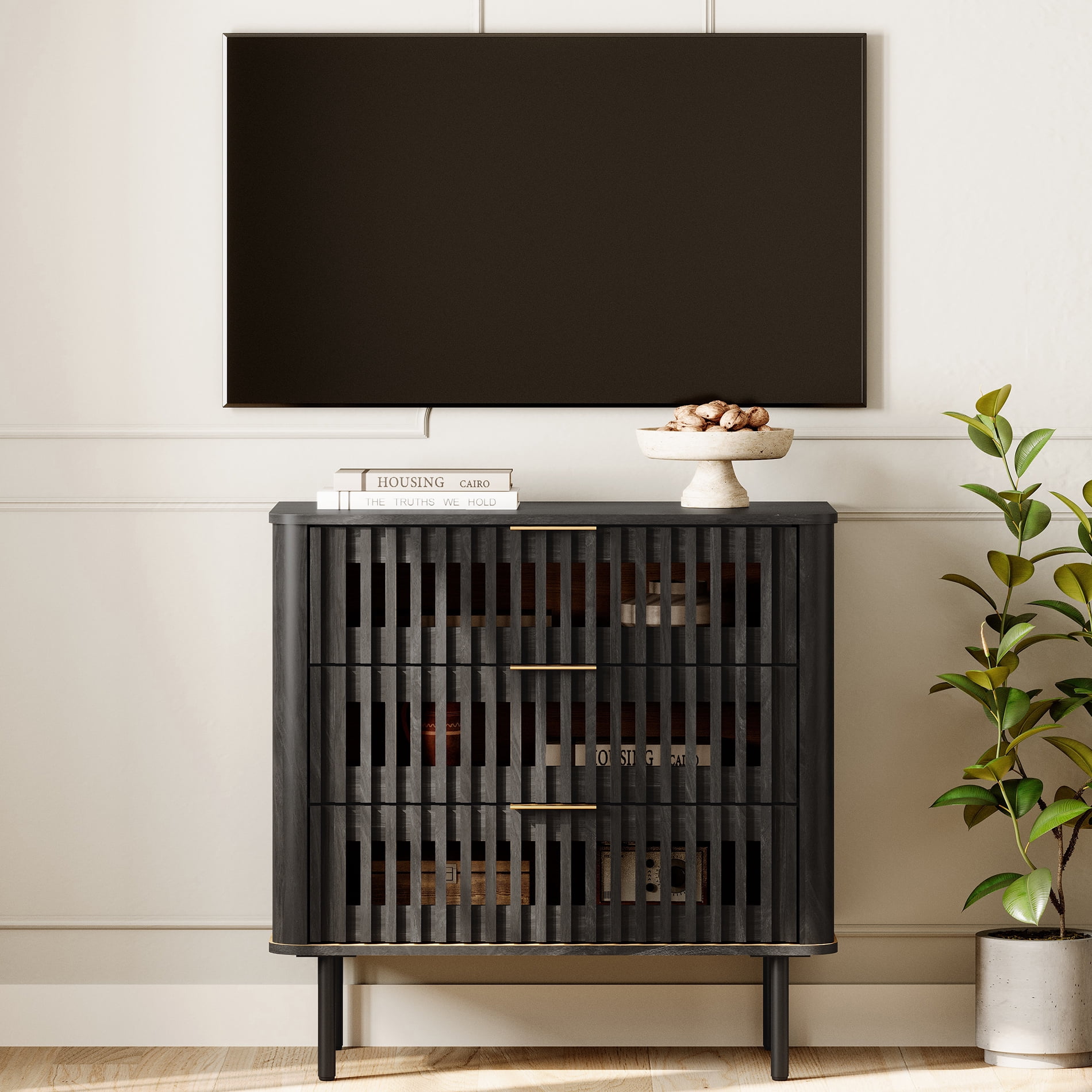 31.5"W Sideboard Buffet Cabinet with Storage, Fluted Kitchen Buffet Storage Cabinet with 3 Drawer, Large Coffee Bar Cabinet, Modern Buffet Table for Dining Living Room, Black