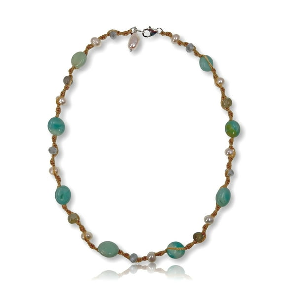 MGR My Gems Rock! Twist Knotted Boho Choker Necklace or Bracelet, Green Amazonite Cultured Pearl, Sterling Silver, 15 in
