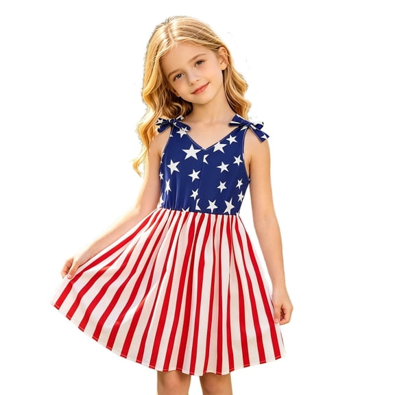 Girls' Dresses Little Girls Everyday Dress Stars and Stripes Usa 250Th Anniversary V Neck Sleeveless Strappy Patriotic Graphic Multicolour 9 Years-10 Years
