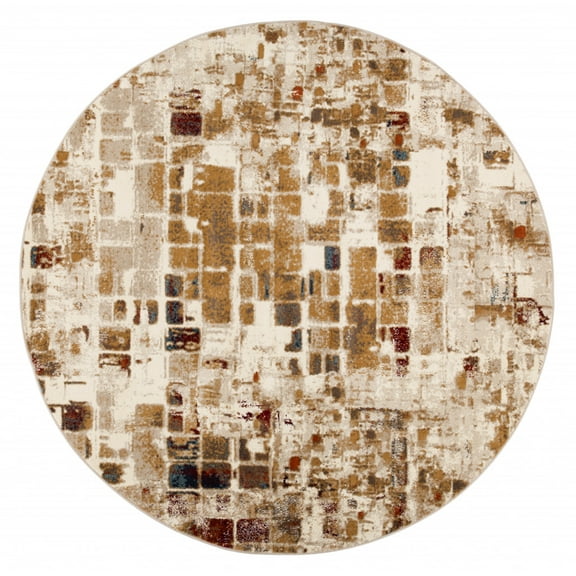 8â€™ Round Brown Beige Abstract Tiles Distressed Area Rug