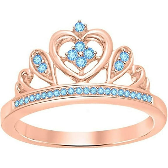 Engagement Wedding 925 Sterling Silver 14K Rose Gold Plating Round Cut Blue Topaz Tiara Queen Crown Heart Shaped Ring For Women