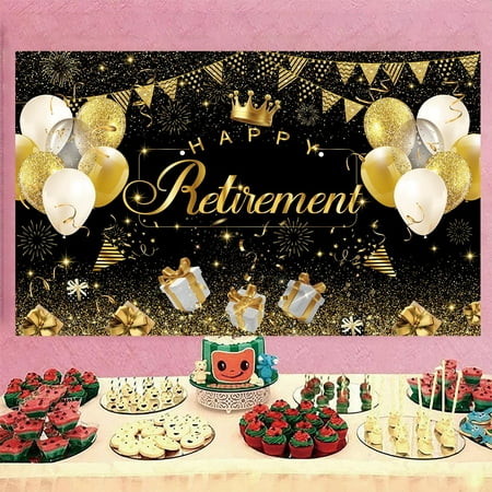 Happy Retirement Backdrop,Large Happy Retirement Banner Background Photography with Rope, Party Decoration Supplies for Photo Booth Props Decor Outdoor Indoor (Gold)