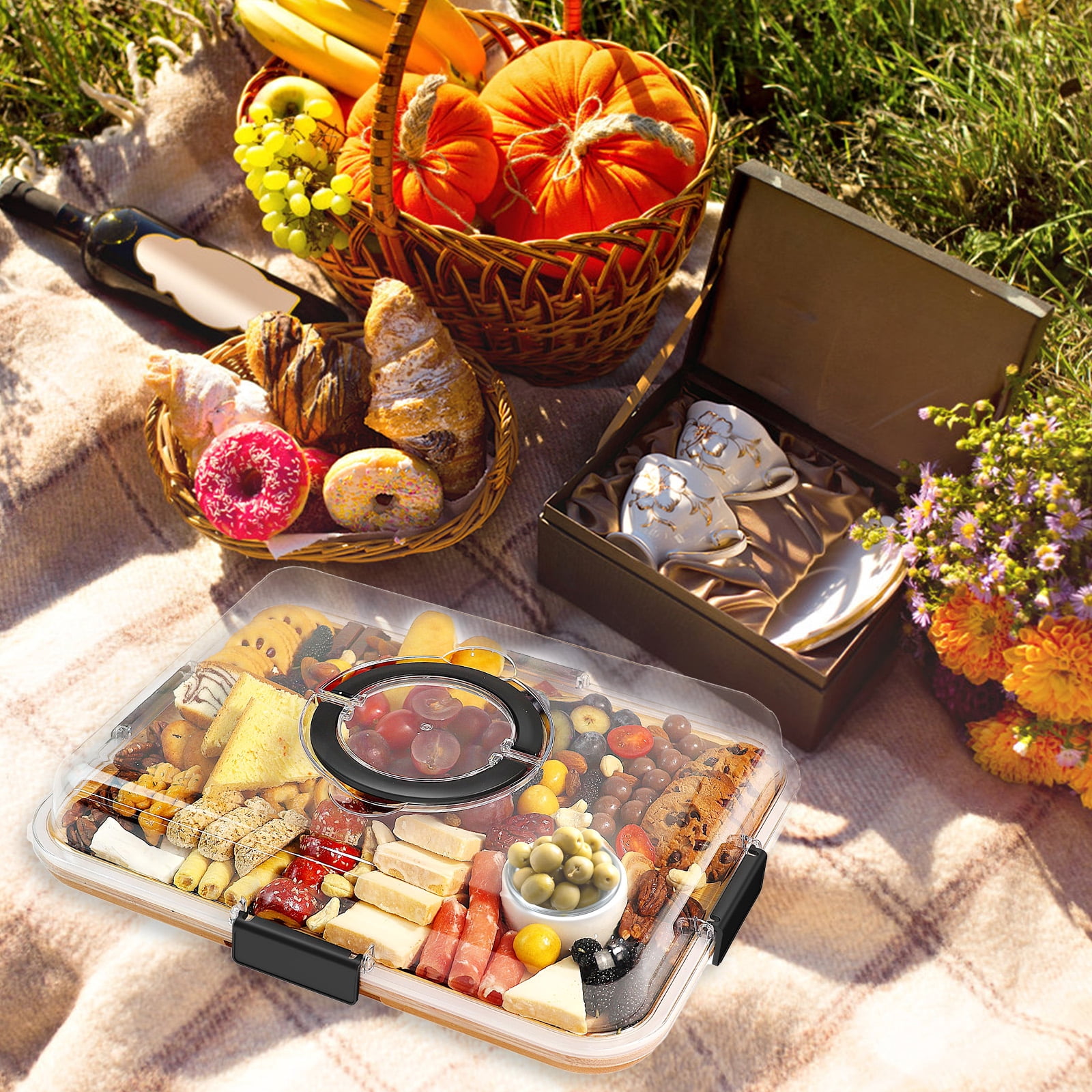 GIRACOA Charcuterie Board with Clear Lid & Handle – 4 Cheese Tools Included, Compartmentalized Cutting Board for Parties, Travel & Picnics