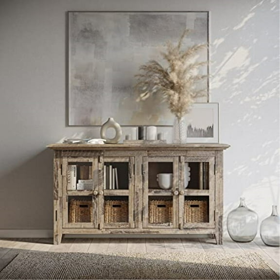 Jofran Rustic Shores 54" Coastal Distressed Acacia Four-Door Credenza Sideboard Cabinet