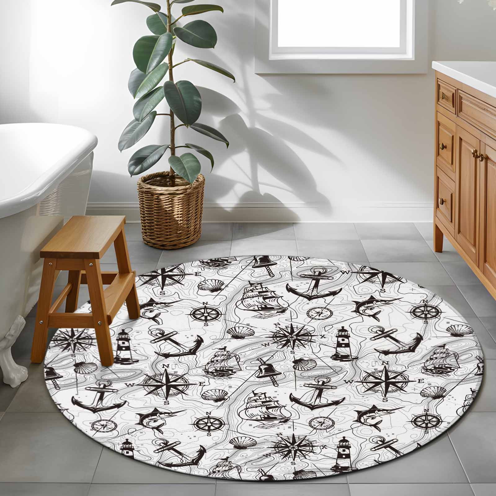 Round Rugs 4Ft, Nautical Compass Round Area Rug Washable Indoor