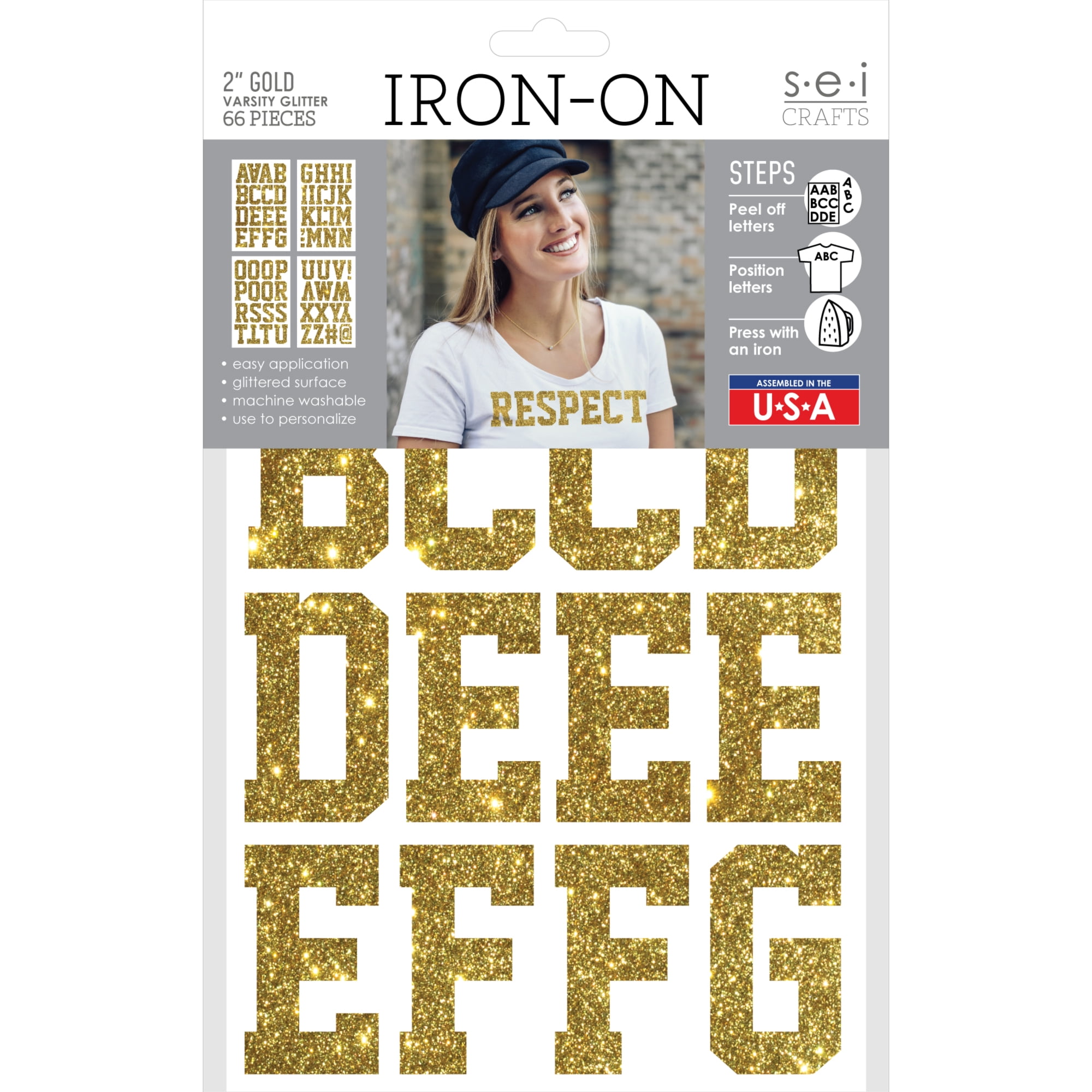 SEI 2-inch Varsity Glitter Iron-on Heat Transfer Letters, Gold
