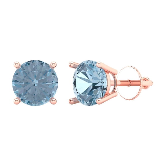 Rose Solid Gold Solitaire Stud Designer Everyday Earrings - 4 Ct Brilliant Round Cut Studs Natural Aquamarine 14K, Designer Everyday Earrings Screw Back