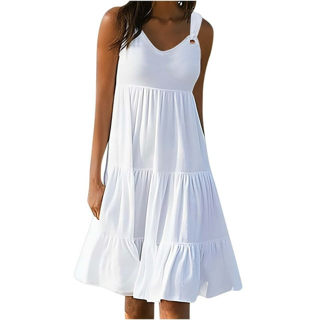 Erwazi Robes d'Été Sans Manches pour Femmes Décontractées Amples Robe de Plage à Volants à Étages Évasée Robes Soleil Robe Débardeur