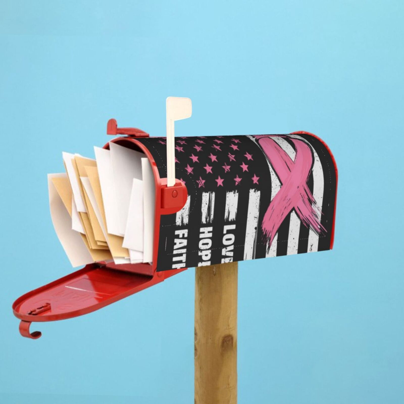 Vsdgher Ribbon Breast Cancer Awareness Mailbox Cover Magnetic Mailbox Wraps Post Letter Box Cover for Garden Yard Home Decor 2 Sizes-25.5x21 in