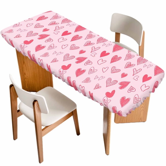 Valentines Day Table Cloths for 8 Foot Rectangle Tables, Pink Love Heart Patio Waterproof Elastic Fitted Tablecloths, Washable Rectangular Table Cover for Camping