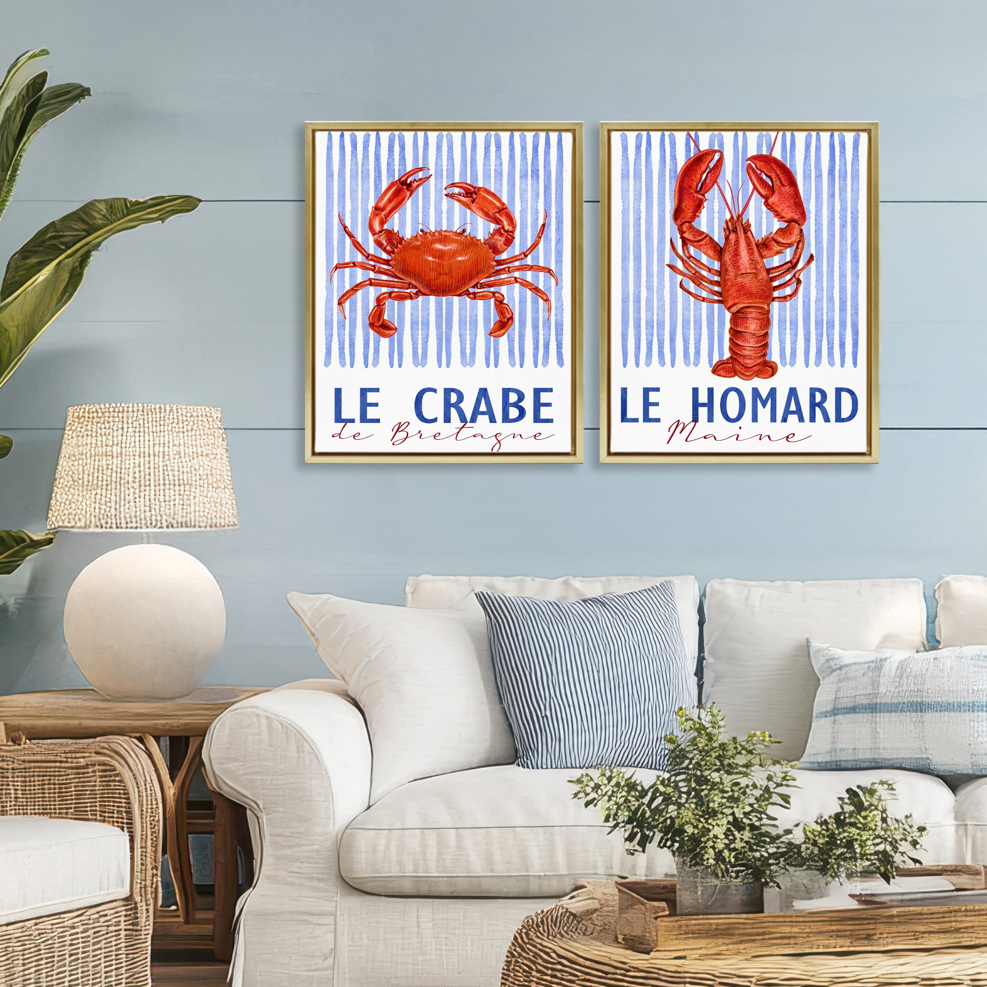 Stupell Industries Nautical Stripes Sea Creatures 2 Piece Gold Framed Floater Canvas Set, design by Kim Allen